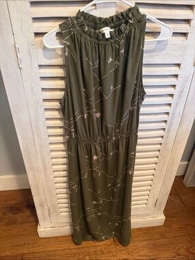 Prologue Olive Green Sleeveless Dress with cream Vine Print, sleeveless